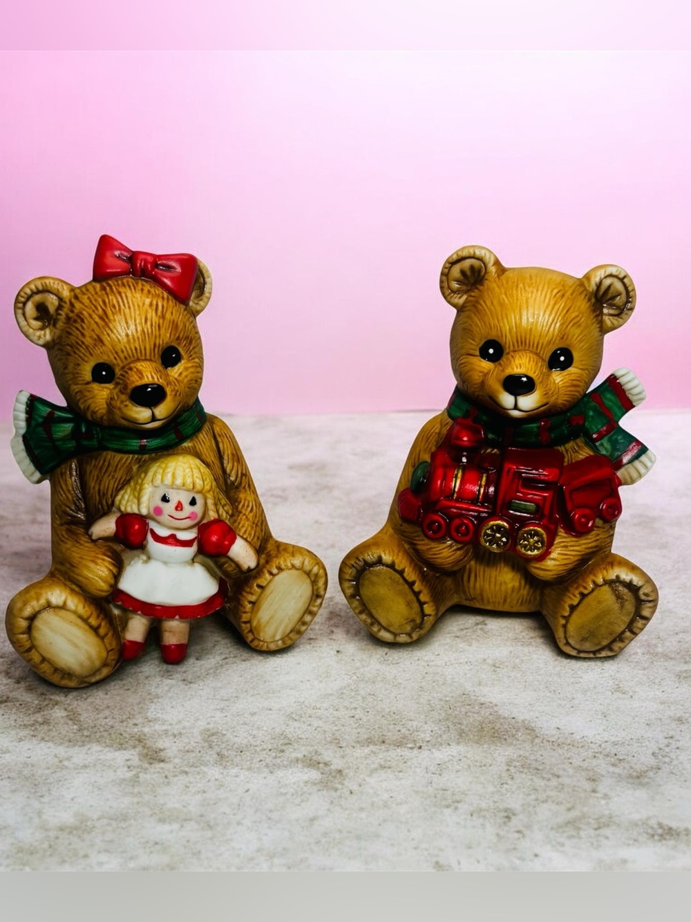 VTG Homco Christmas Teddy Bear Porcelain Figurines Toy Train and Rag Doll